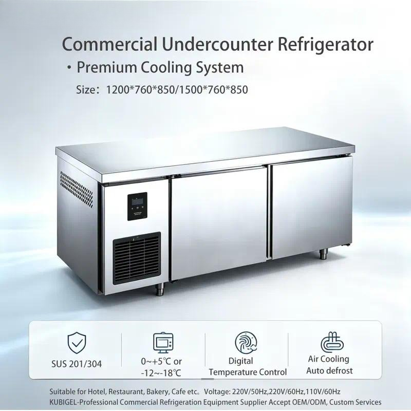Commercial Kitchen Worktops - ตู้เย็นสแตนเลสสำหรับวางใต้เคาน์เตอร์ครัวเชิงพาณิชย์ ตู้แช่แข็ง ตู้เย็นแบบตั้งบนเคาน์เตอร์ สำหรับร้านอาหารและบาร์