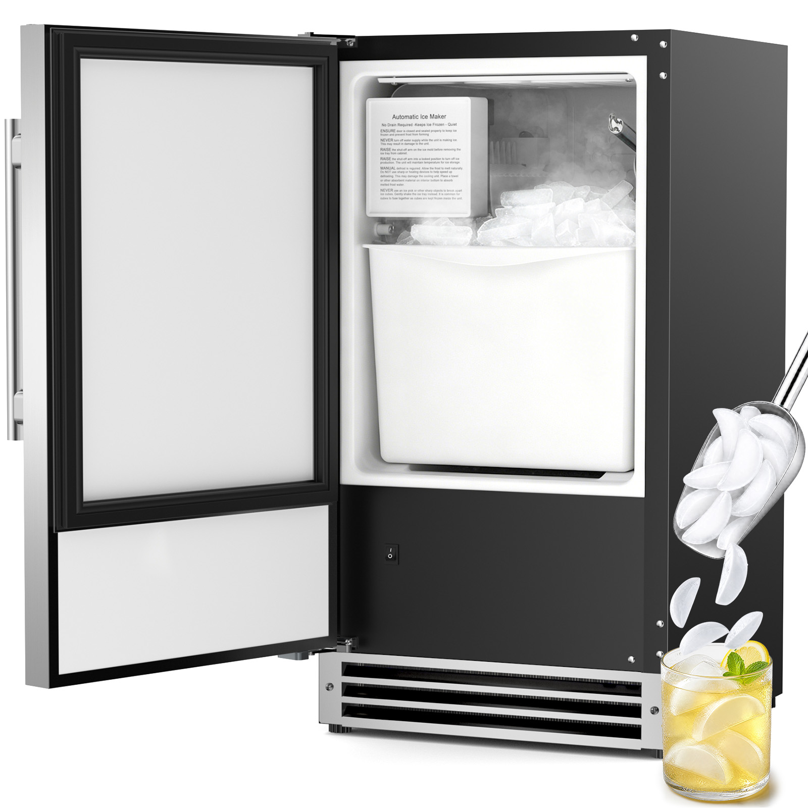 Commercial Kitchen Bin - เครื่องทำน้ำแข็งใต้เคาน์เตอร์, เครื่องทำน้ำแข็งรูปทรงพระจันทร์เสี้ยวสำหรับใช้งานเชิงพาณิชย์, ผลิตน้ำแข็งได้ 25 ปอนด์/24 ชั่วโมง