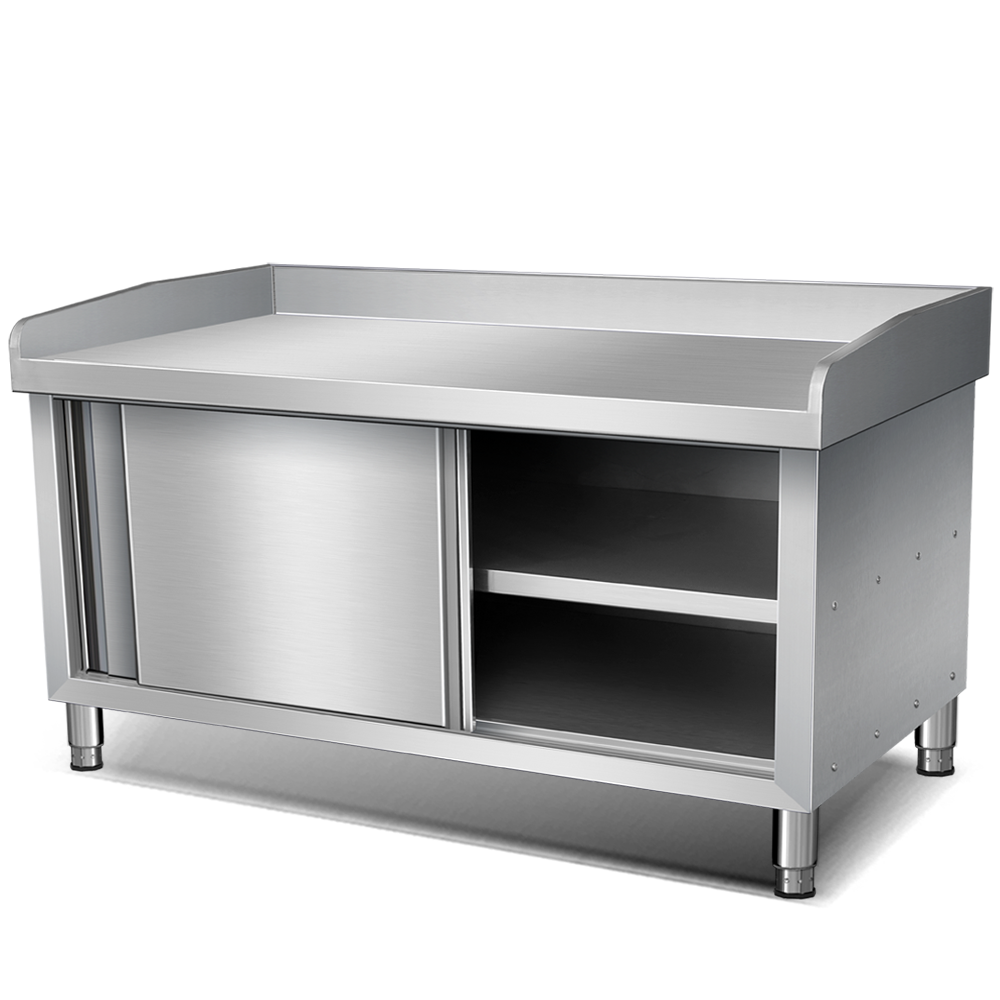Commercial Kitchen Worktops - โต๊ะทำงานครัวสแตนเลสพร้อมตู้เก็บของแบบมีประตูเลื่อนสำหรับร้านอาหาร พร้อมอ่างล้างจานและเขียง